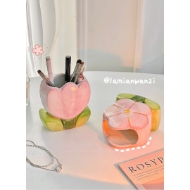 Flower pen holder, ceramic desktop decoration, cute girl's desk, office storage box, stationery shelf, storage jar