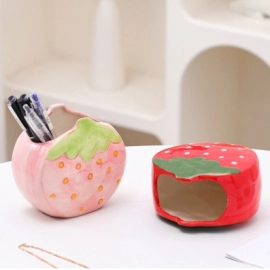 Cute Strawberry Ceramic Decoration Pen Holder Desktop Office Dormitory Creative Makeup Brush Storage Bucket Stationery Storage