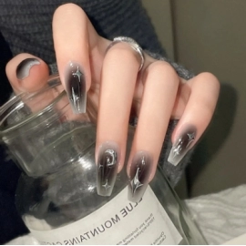 French style wearing nail, dark spicy girl, ins style, silver moon star nail art piece, fake nail, medium long ballet nail